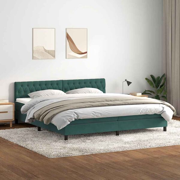 vidaXL Cama box spring con colch&oacute;n y LED terciopelo verde oscuro 180x210 cm