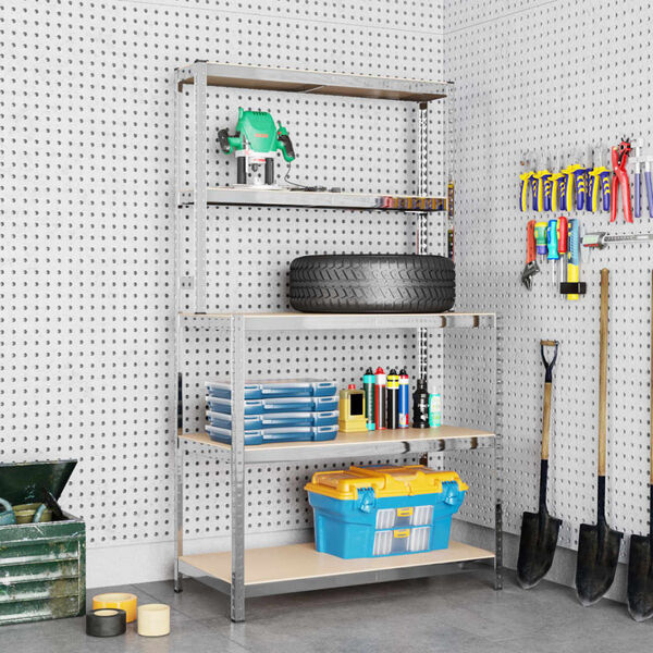 vidaXL Mesa de trabajo con estantes 5 niveles madera y acero plata