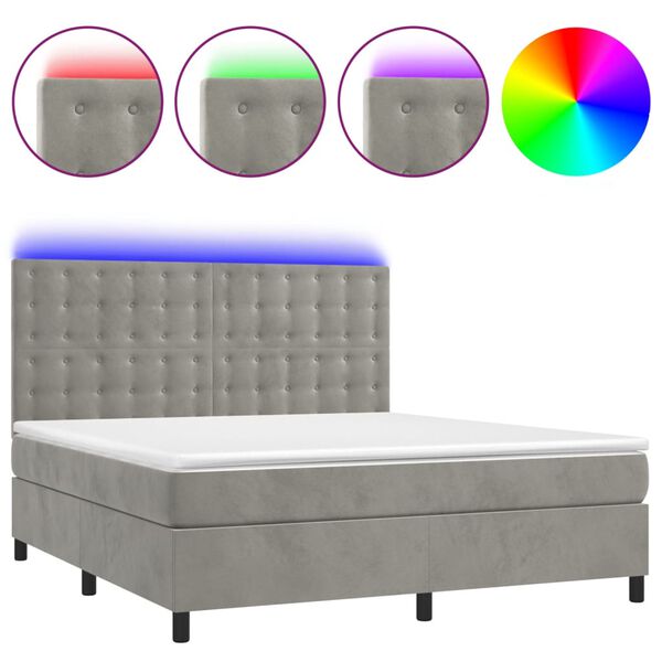 vidaXL Cama box spring colch&oacute;n y LED terciopelo gris claro 160x200 cm
