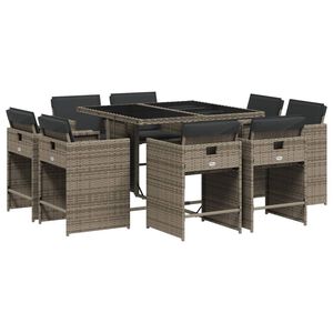 vidaXL Set comedor jard&iacute;n 9 pzas y cojines rat&aacute;n sint&eacute;tico gris