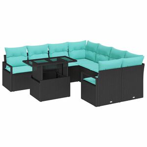 vidaXL Conjunto de sof&aacute; de jard&iacute;n 9 pcs Negro y azul rat&aacute;n sint&eacute;tico