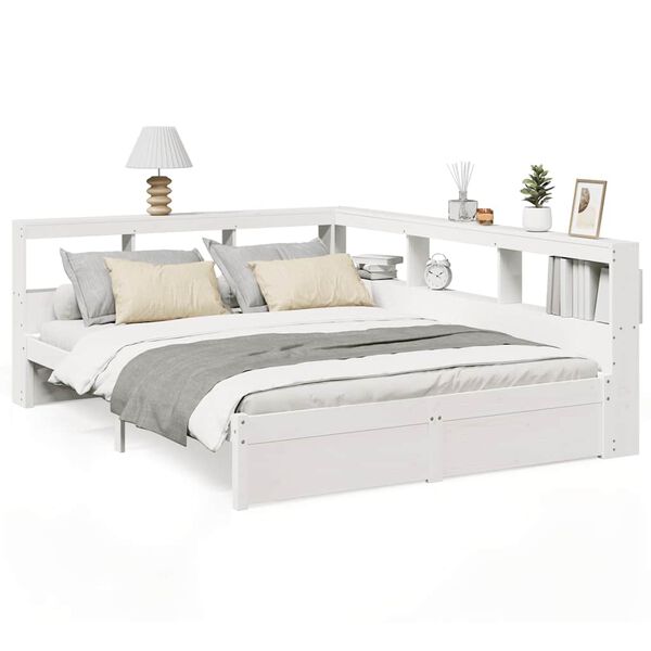 vidaXL Cama con estanter&iacute;a sin colch&oacute;n madera maciza blanca 140x190 cm
