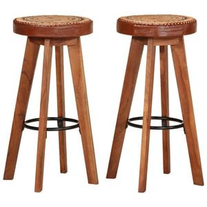 vidaXL Taburetes de cocina 2 uds cuero aut&eacute;ntico madera maciza acacia