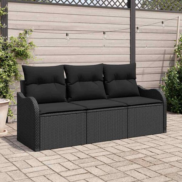 vidaXL Conjunto de sof&aacute; de jard&iacute;n con coj&iacute;n 3 pcs Negro Polirat&aacute;n