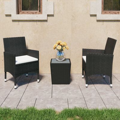 vidaXL Mesa y sillas de jardín 3 pzas ratán PE y vidrio templado negro