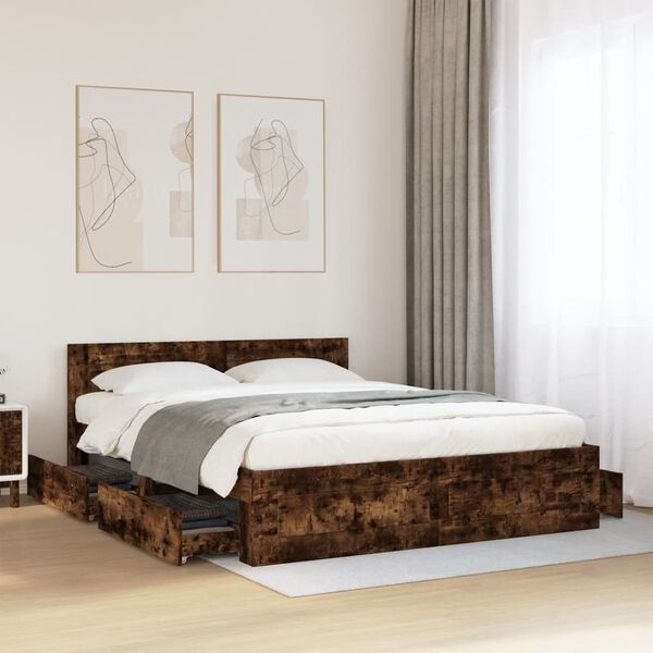 vidaXL Cama con cabecero madera de ingenier&iacute;a roble ahumado 150x200 cm