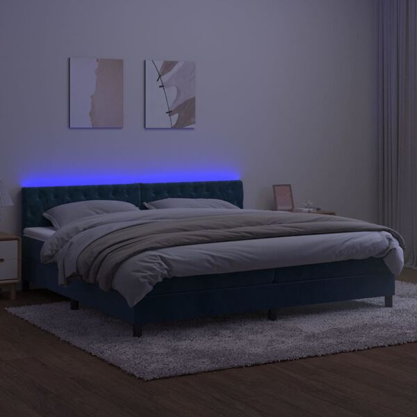 vidaXL Cama box spring colch&oacute;n y LED terciopelo azul oscuro 200x200 cm