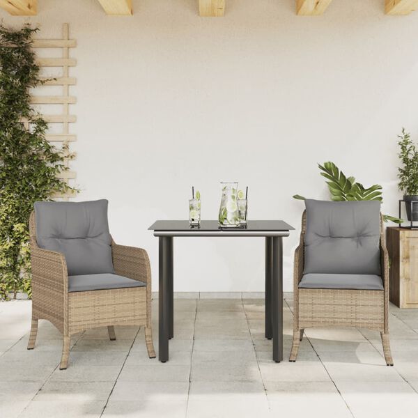 vidaXL Set comedor de jard&iacute;n 3 pzas con cojines rat&aacute;n sint&eacute;tico beige