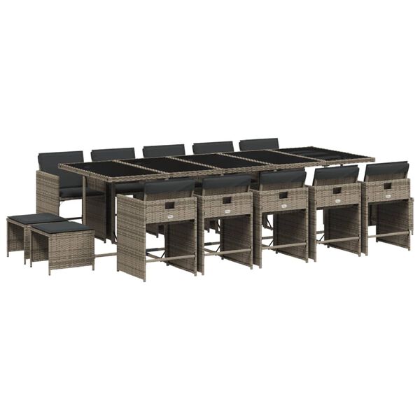 vidaXL Set comedor de jard&iacute;n con cojines 15 pzas rat&aacute;n sint&eacute;tico gris