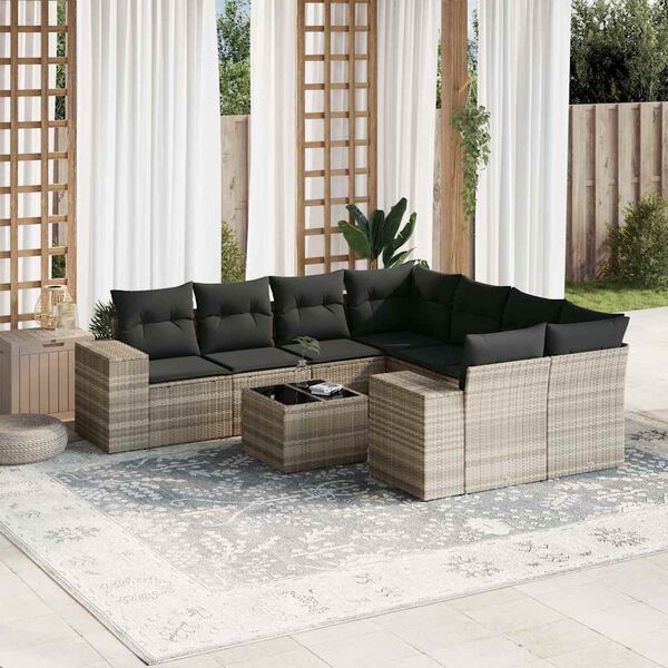 vidaXL Set muebles jard&iacute;n 9 pzas y cojines rat&aacute;n sint&eacute;tico gris claro