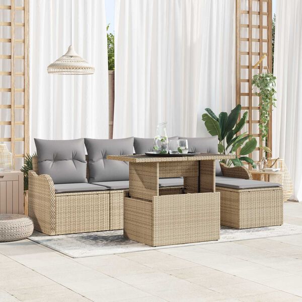 vidaXL Conjunto de sof&aacute; de jard&iacute;n 6 pcs Beige Rattan de Poli&eacute;ster
