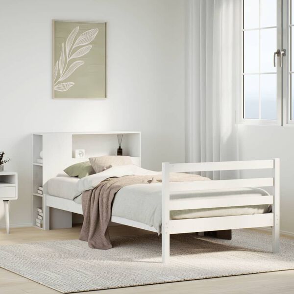 vidaXL Cama con estantería sin colchón madera maciza blanca 75x190 cm