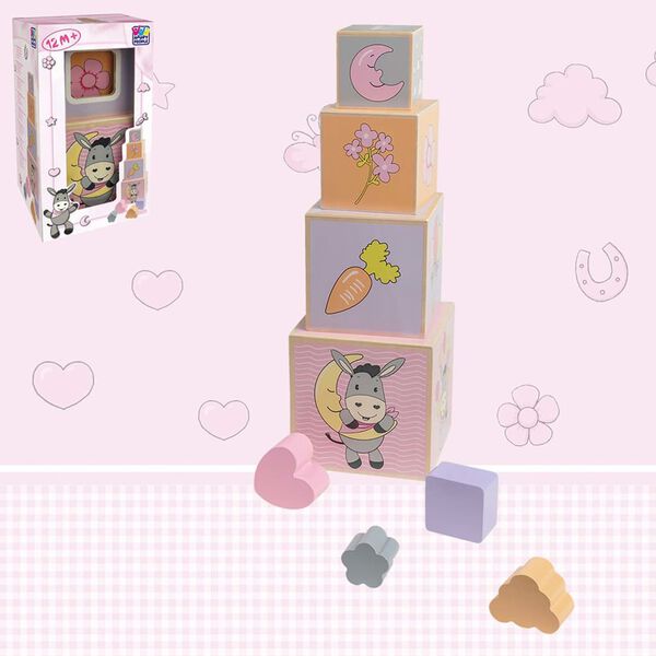 Happy People Cubos apilables de madera Donkey rosa/morado/naranja