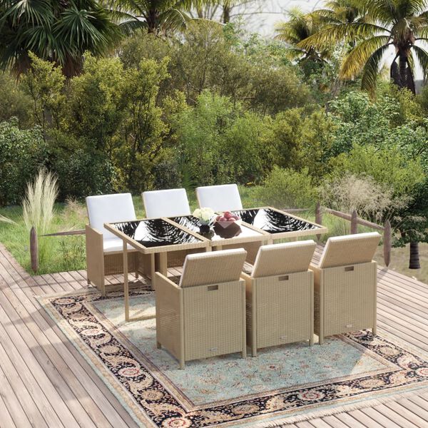 vidaXL Set comedor de jard&iacute;n 7 pzas con cojines rat&aacute;n sint&eacute;tico beige