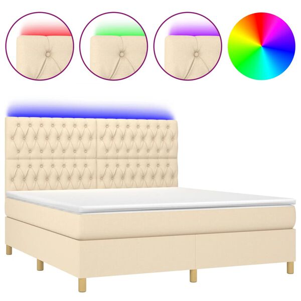 vidaXL Cama box spring colch&oacute;n y luces LED tela crema 180x200 cm