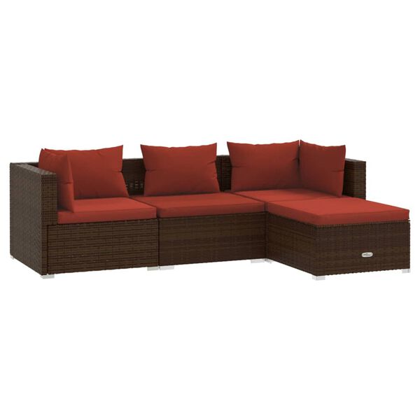 vidaXL Set muebles de jard&iacute;n 4 piezas y cojines rat&aacute;n sint&eacute;tico marr&oacute;n