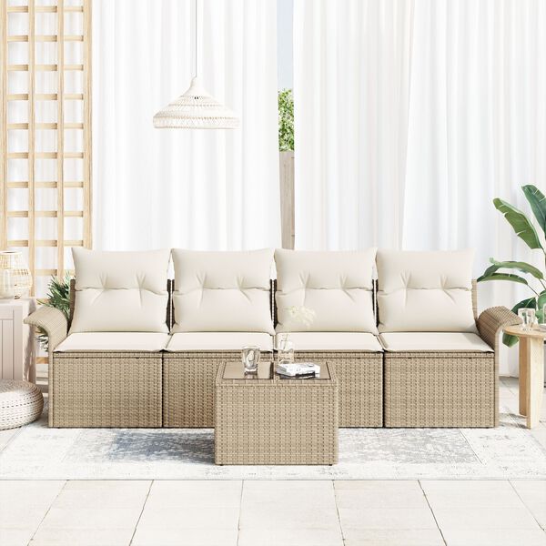 vidaXL Conjunto de sof&aacute; de jard&iacute;n 5 pcs Beige y Crema rat&aacute;n sint&eacute;tico