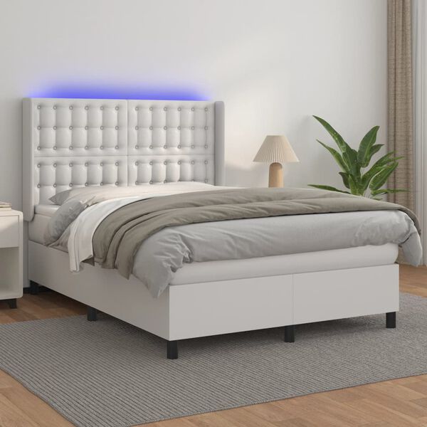 vidaXL Cama box spring colch&oacute;n y LED cuero sint&eacute;tico blanco 140x200 cm