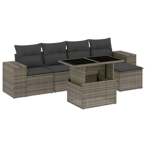 vidaXL Set de muebles de jard&iacute;n 6 pzas y cojines rat&aacute;n sint&eacute;tico gris
