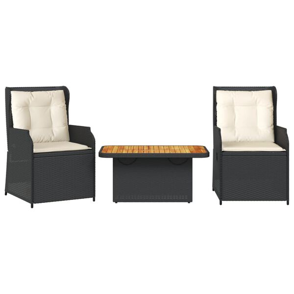 vidaXL Set de muebles de jard&iacute;n 3 pzas y cojines rat&aacute;n sint&eacute;tico negro