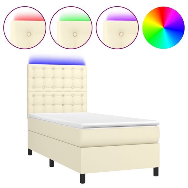 vidaXL Cama box spring colch&oacute;n y LED cuero sint&eacute;tico crema 100x200 cm