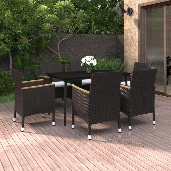 vidaXL Set comedor de jard&iacute;n 7 pzas y cojines rat&aacute;n sint&eacute;tico y vidrio