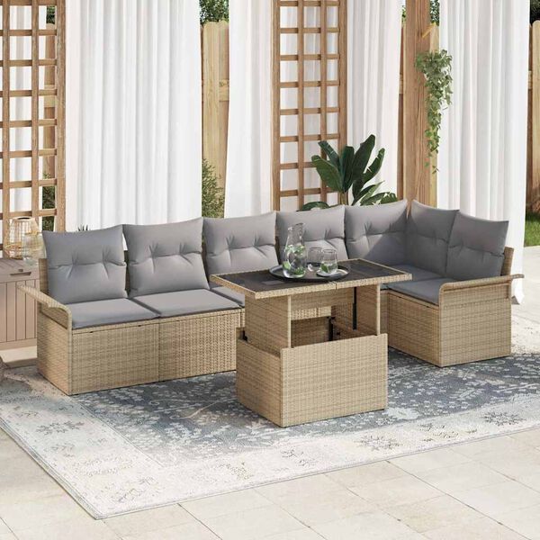 vidaXL Conjunto de sof&aacute; de jard&iacute;n 7 pcs Beige rat&aacute;n sint&eacute;tico