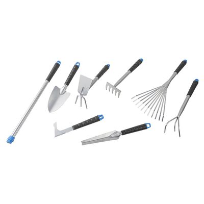 HI Set de herramientas de jardín de metal 8 piezas plateadas