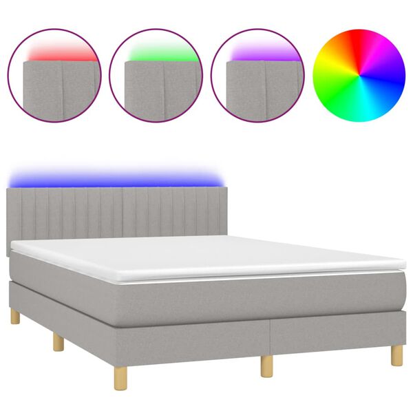 vidaXL Cama box spring colch&oacute;n y luces LED tela gris claro 140x190 cm