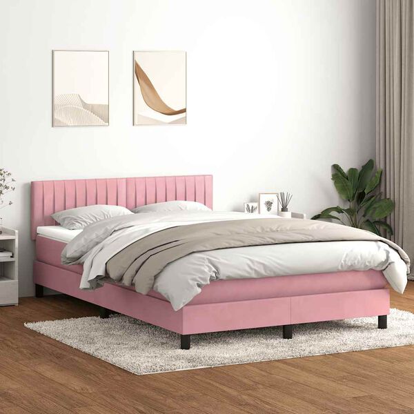 vidaXL Cama box spring con colch&oacute;n y LED terciopelo rosa 140x220 cm
