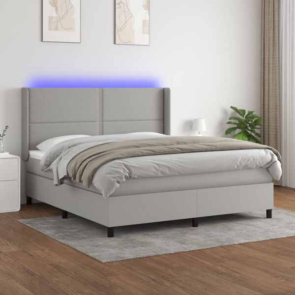 vidaXL Cama box spring colch&oacute;n y luces LED tela gris claro 180x200 cm
