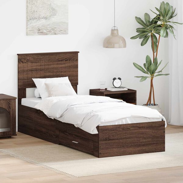 vidaXL Estructura de cama con caj&oacute;n Roble Marr&oacute;n y Plata 75 x 190 cm