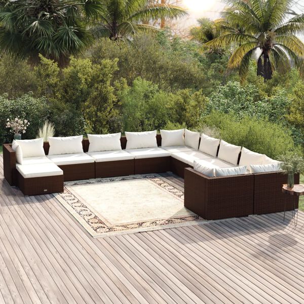 vidaXL Set muebles de jard&iacute;n 11 pzas y cojines rat&aacute;n sint&eacute;tico marr&oacute;n