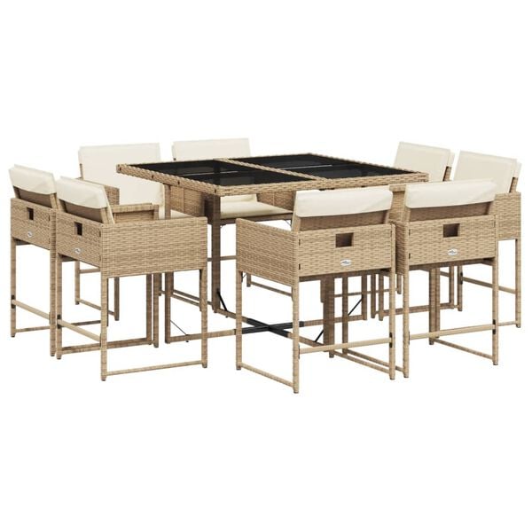 vidaXL Set comedor de jard&iacute;n 9 pzas con cojines rat&aacute;n sint&eacute;tico beige