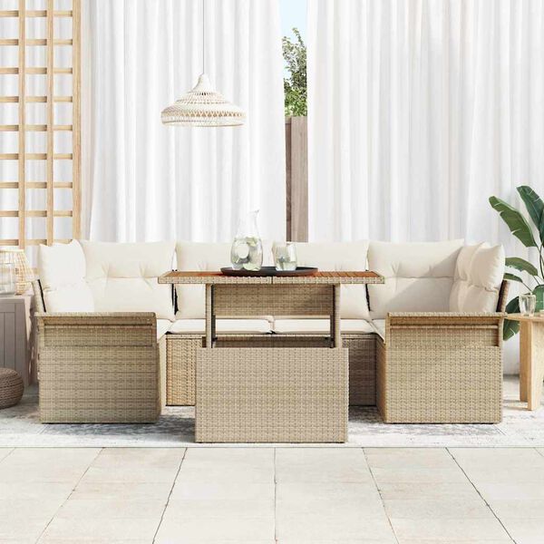 vidaXL Conjunto de sof&aacute; de jard&iacute;n 7 pcs Beige Polirat&aacute;n