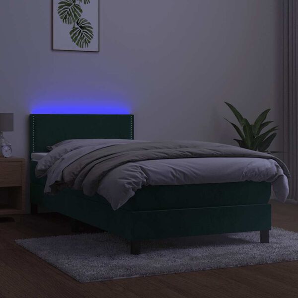vidaXL Cama box spring colch&oacute;n y LED terciopelo verde oscuro 90x200 cm
