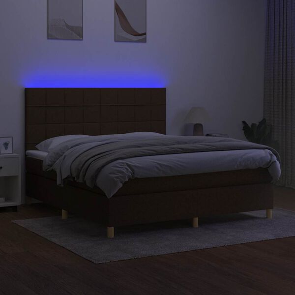 vidaXL Cama box spring colch&oacute;n luces LED tela marr&oacute;n oscuro 180x200cm
