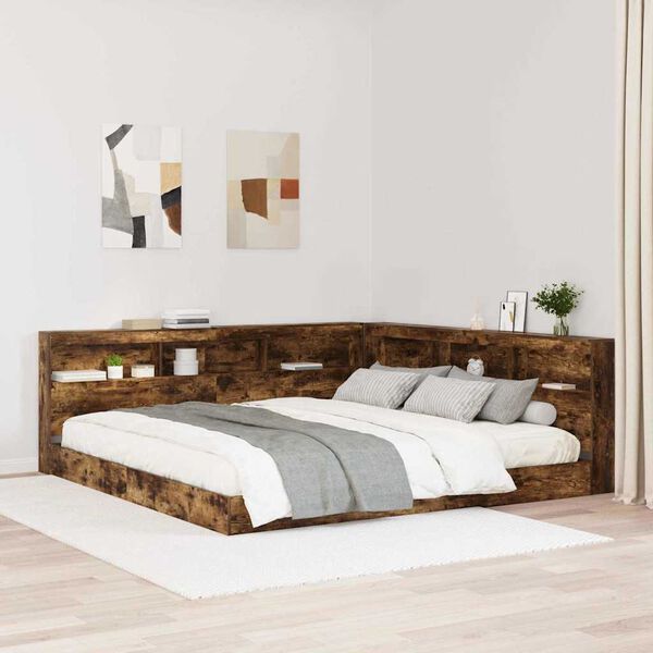 vidaXL Cama con Estanter&iacute;a con cabecera Roble ahumado 180 x 200 cm
