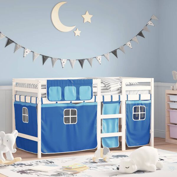 vidaXL Cama alta para ni&ntilde;os con cortinas madera pino azul 90x190 cm