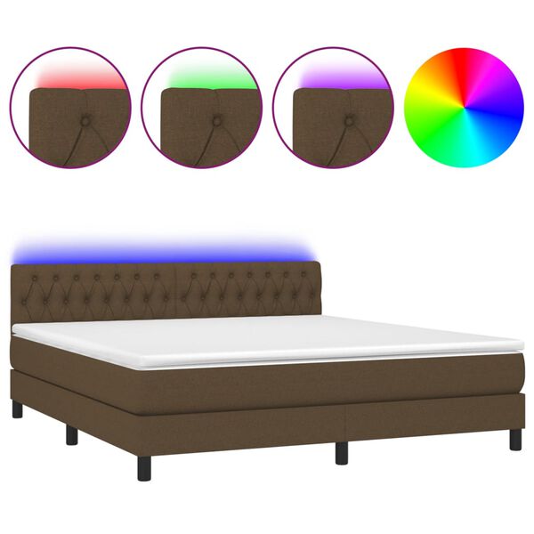 vidaXL Cama box spring colch&oacute;n luces LED tela marr&oacute;n oscuro 160x200cm