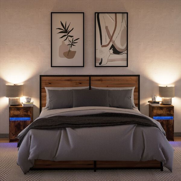 vidaXL Mesita de noche luces LED 2 uds madera ingeniería roble ahumado