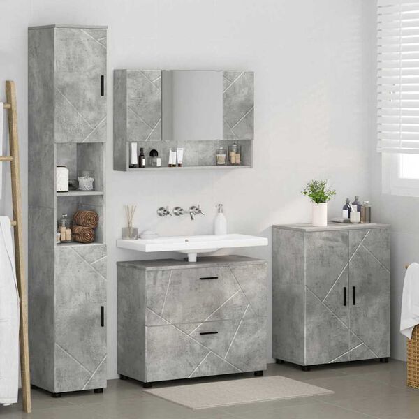 vidaXL Juego de muebles de ba&ntilde;o con caj&oacute;n 4 pcs Gris Concreto