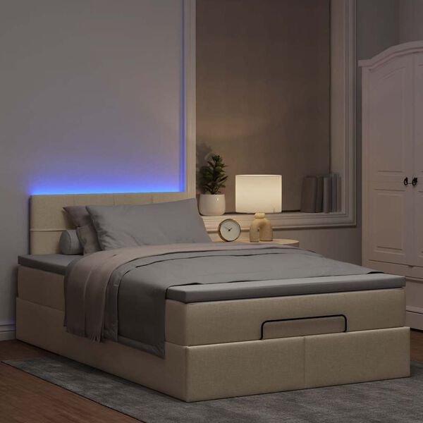 vidaXL Cama otomana con colch&oacute;n y luces LED tela crema 120x190cm