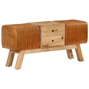vidaXL Banco Bok madera de mango piel de cabra aut&eacute;ntica marr&oacute;n 107 cm