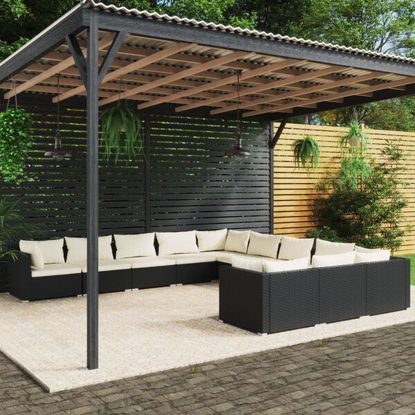 vidaXL Set de muebles de jard&iacute;n 11 pzas cojines rat&aacute;n sint&eacute;tico negro
