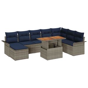 vidaXL Conjunto de sof&aacute; de jard&iacute;n con coj&iacute;n 9 pcs gris y azul marino