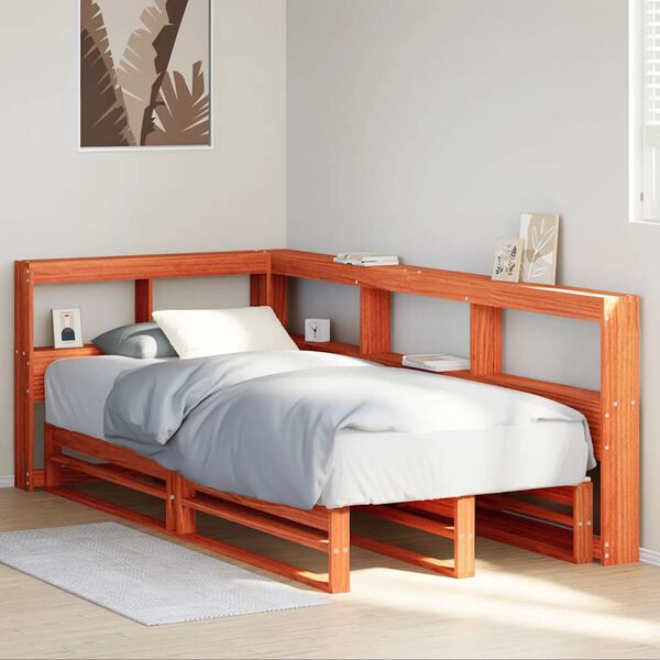 vidaXL Cama con estanter&iacute;a sin colch&oacute;n madera maciza marr&oacute;n 90x190 cm