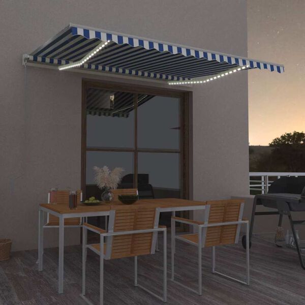 vidaXL Toldo autom&aacute;tico LED sensor de viento azul y blanco 450x350 cm