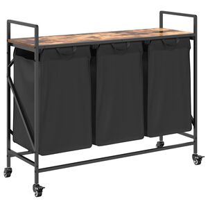 vidaXL Cesto de ropa de 3 compartimentos con ruedas, color roble ahumado