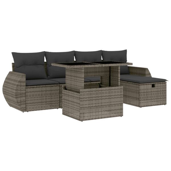 vidaXL Set de muebles de jard&iacute;n 6 pzas y cojines rat&aacute;n sint&eacute;tico gris